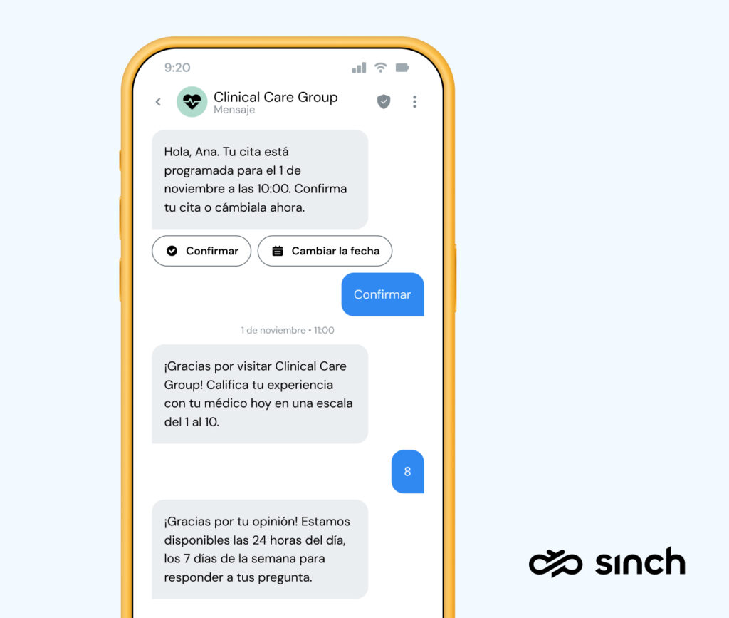 Ejemplo de mensaje RCS que un proveedor de atención médica podría enviar a los pacientes para recordarles su cita.