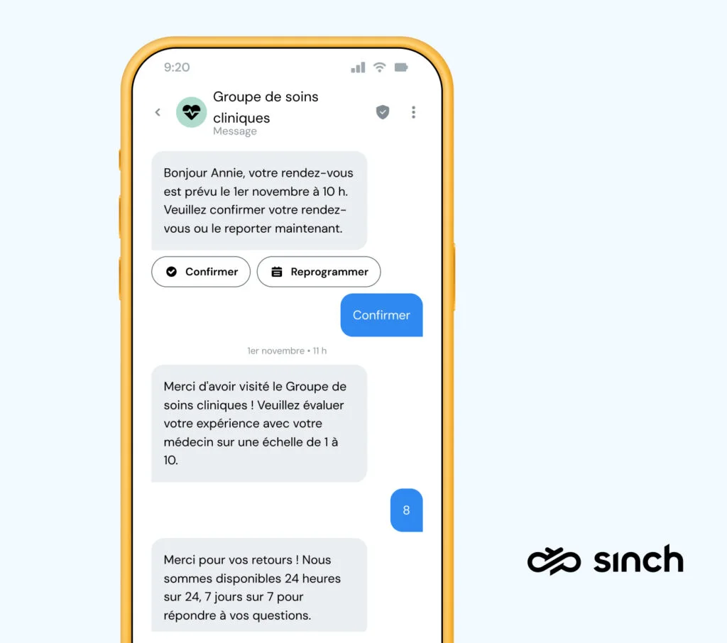 Exemple de message RCS qu'un prestataire de soins de santé pourrait envoyer à ses patients pour leur rappeler leur rendez-vous.
