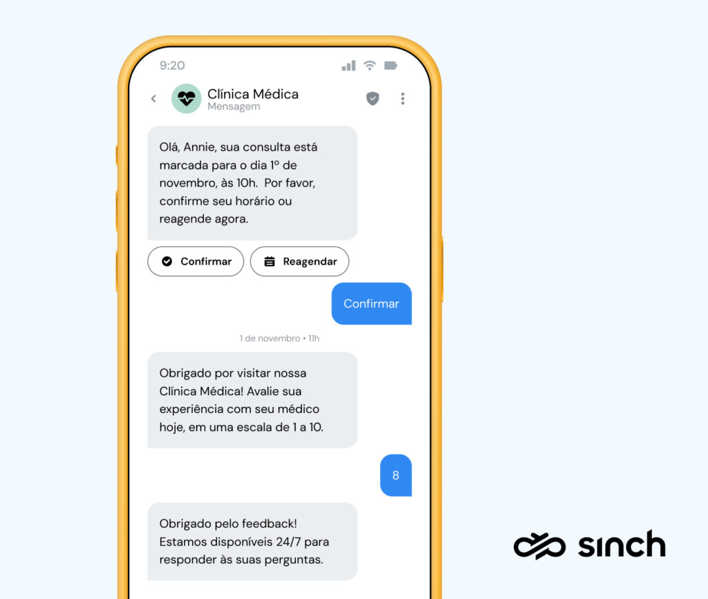Exemplo de mensagem RCS que um prestador de serviços de saúde pode enviar aos pacientes para lembrá-los de suas consultas.