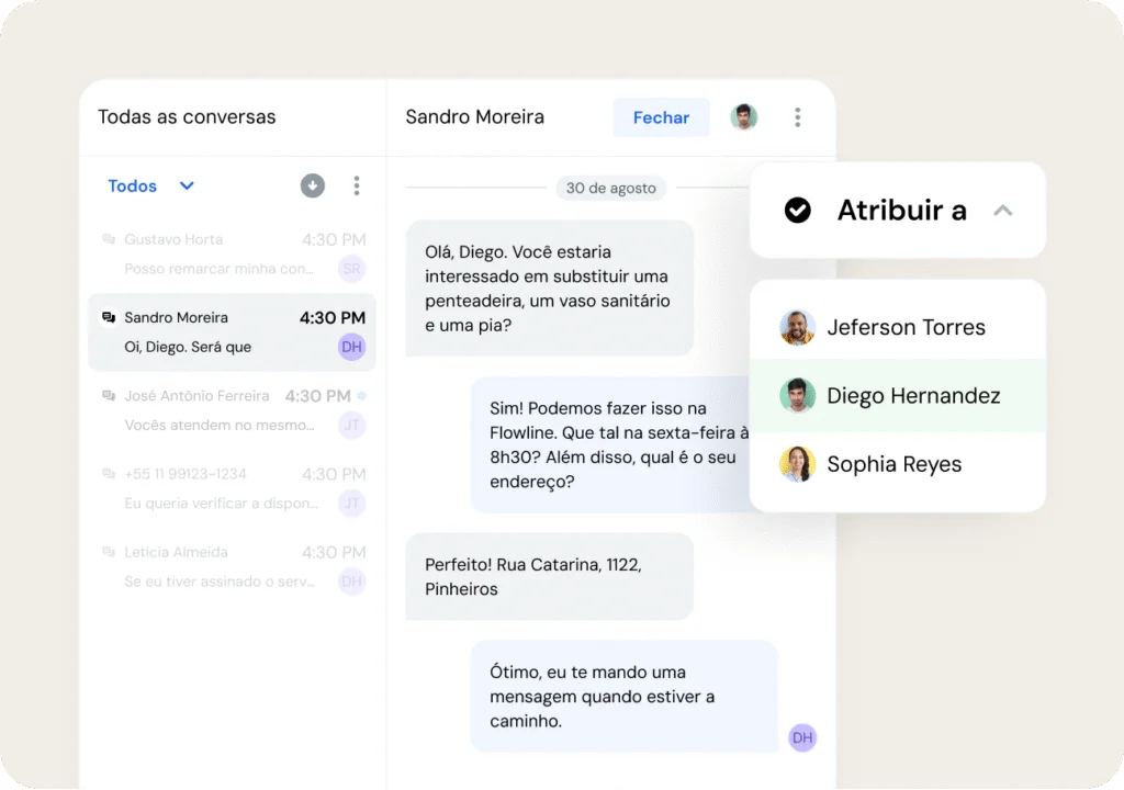 Interface do aplicativo de envio de mensagens mostrando uma conversa no chat e um menu Atribuir a com uma lista de membros da equipe