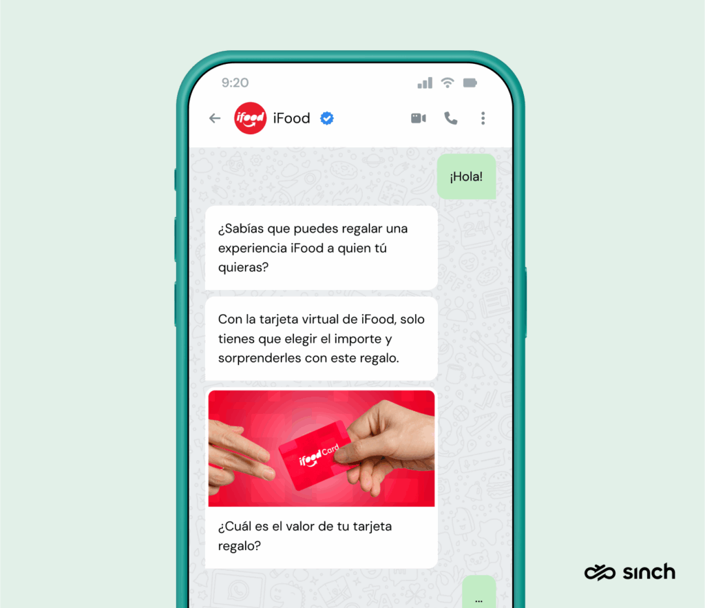 Bot de WhatsApp de iFood utilizado para incentivar la venta de tarjetas regalo.