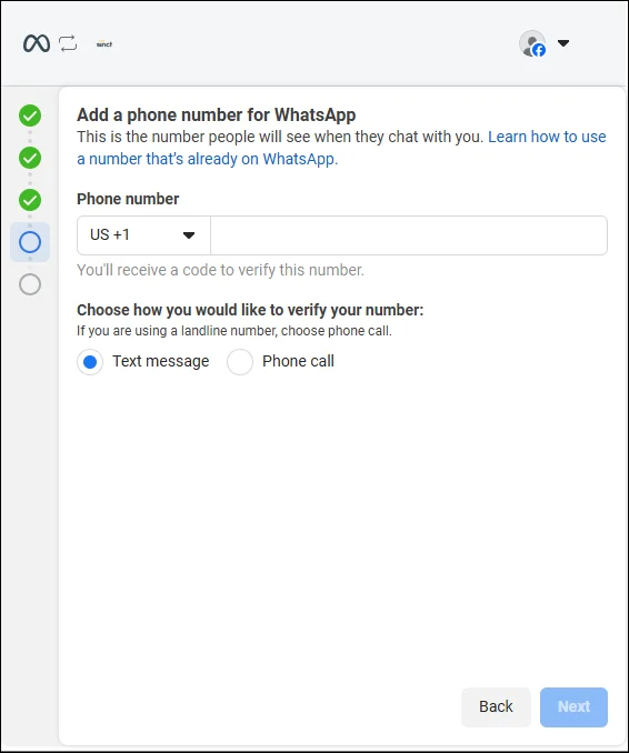 Registering a WhatsApp Business account with Sinch using a landline number.