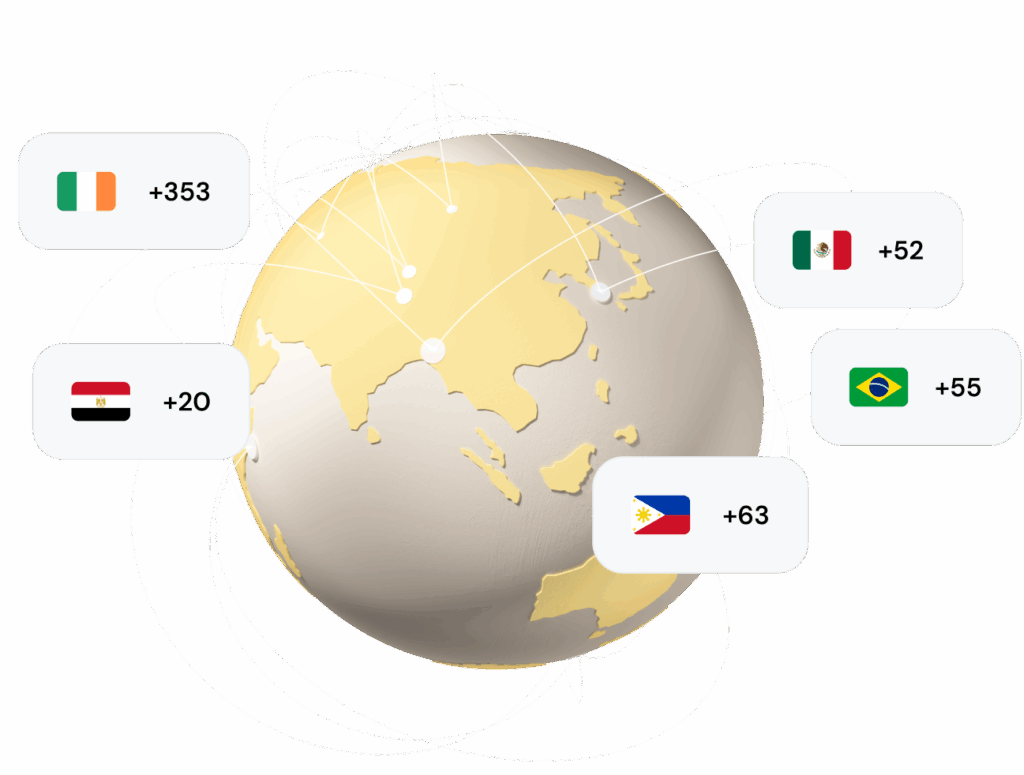 Image with a globe, country flags and international country codes illustrate how SIP trunking can easily set up global connections.
