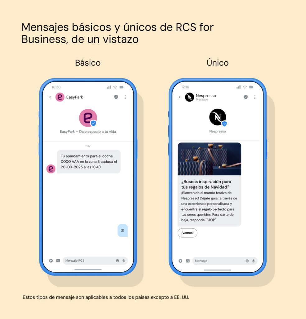 Un ejemplo de mensaje básico y un ejemplo de mensaje único, donde el ejemplo de mensaje RCS único muestra más texto además de contenido enriquecido como imágenes y un carrusel.