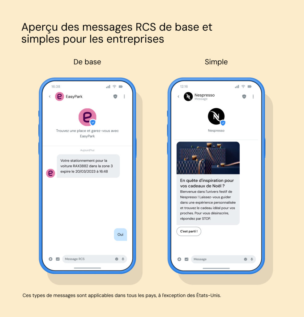 Un message de base et un exemple de message simple, l'exemple de message RCS simple montrant plus de texte et un contenu riche comme des images et un carrousel.