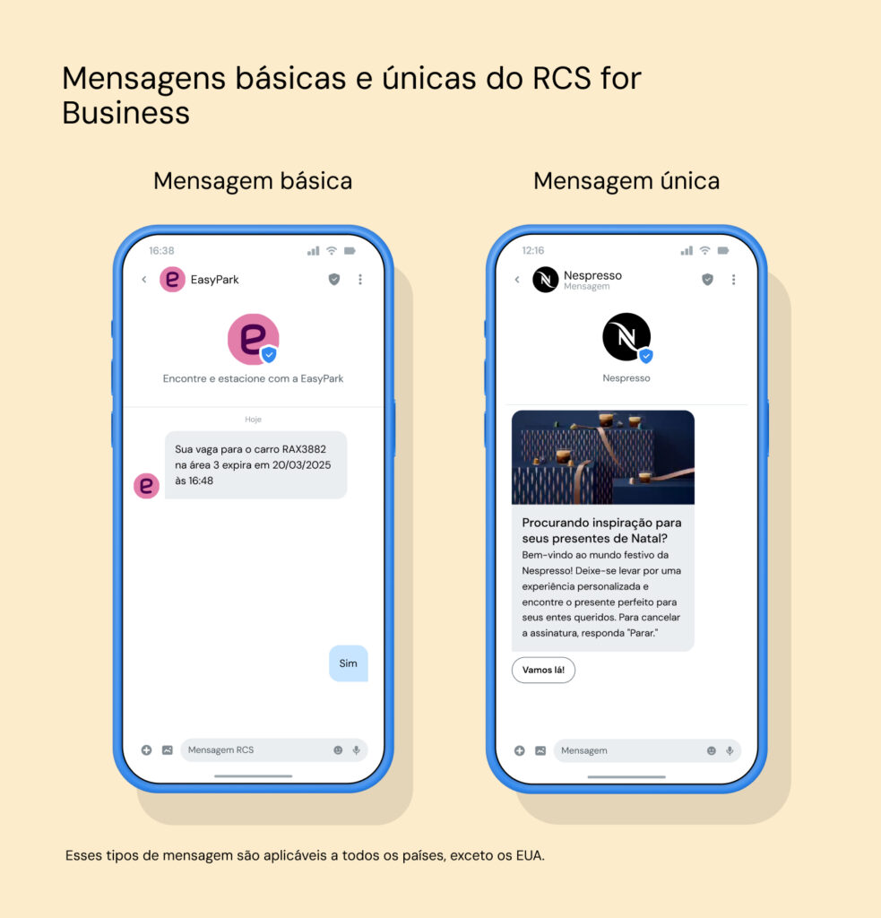 Um exemplo de mensagem básica e um exemplo de mensagem única, em que o exemplo de mensagem RCS única mostra mais texto e conteúdo avançado, como imagens e um carrossel.
