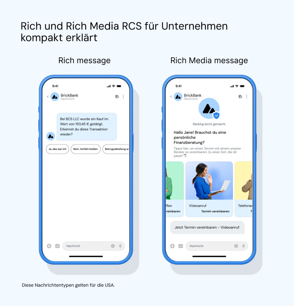 Ein Beispiel für eine Rich Message und ein Beispiel für eine Rich Media Message, wobei das Beispiel für die Rich Media RCS Message reichhaltigere Inhalte wie Bilder und ein Karussell zeigt.