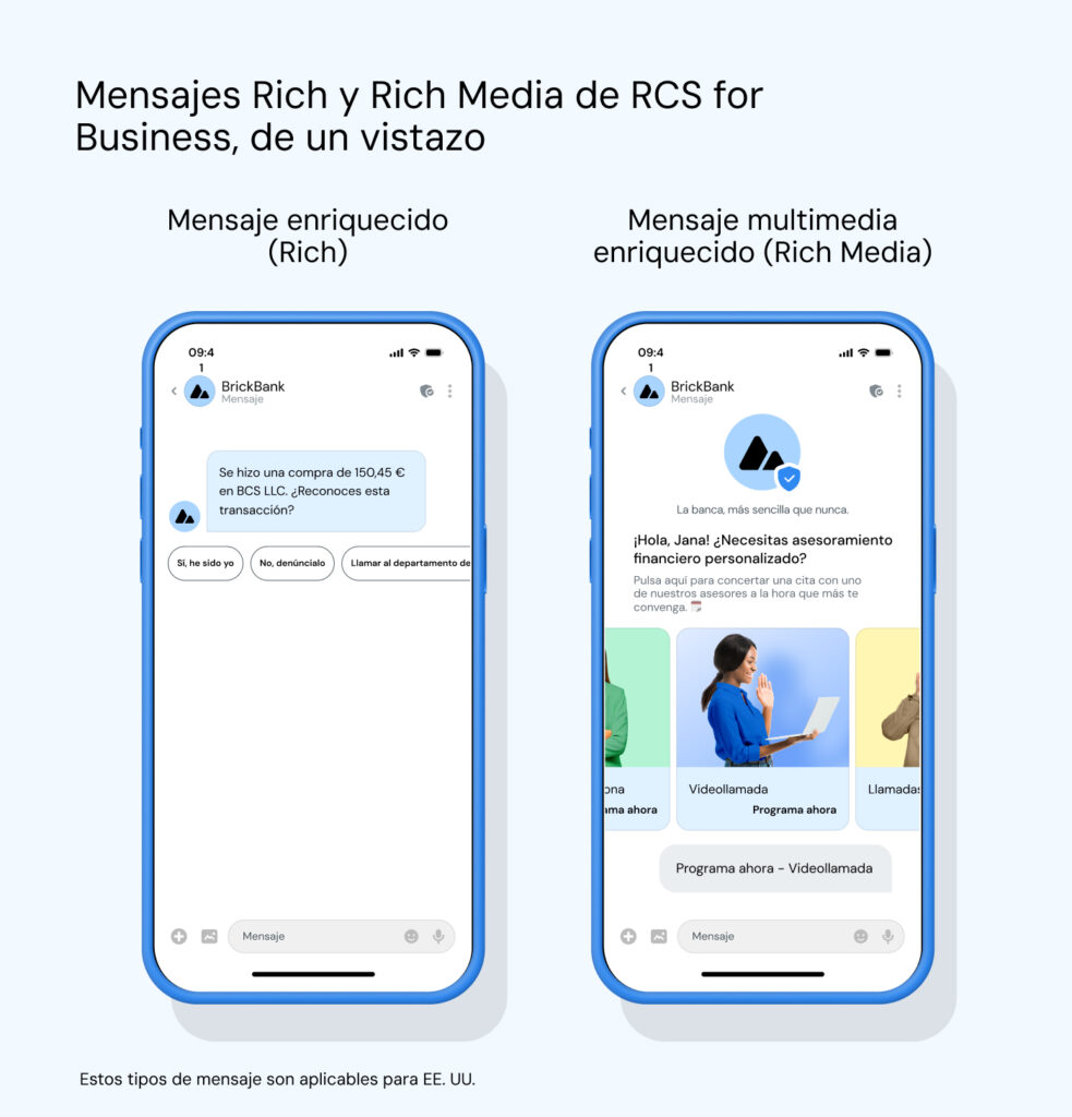 Un ejemplo de mensaje Rich y un ejemplo de mensaje Rich Media, donde el ejemplo de Rich Media RCS muestra más contenido enriquecido como imágenes y un carrusel.