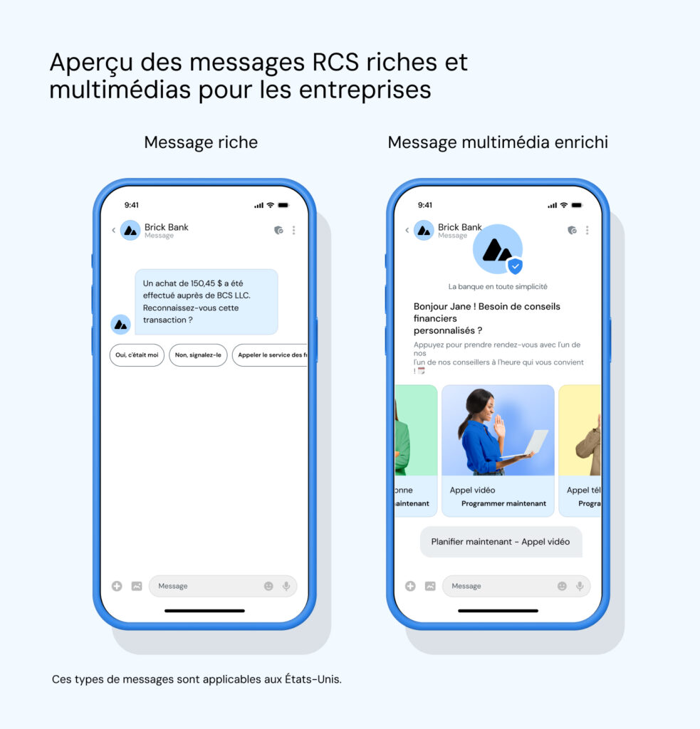 Un message riche et un exemple de message multimédia enrichi. L'exemple de message RCS multimédia enrichi montrant un contenu plus riche comme des images et un carrousel.