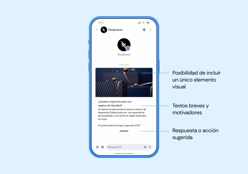 Ejemplo de mensaje RCS único de Nespresso.