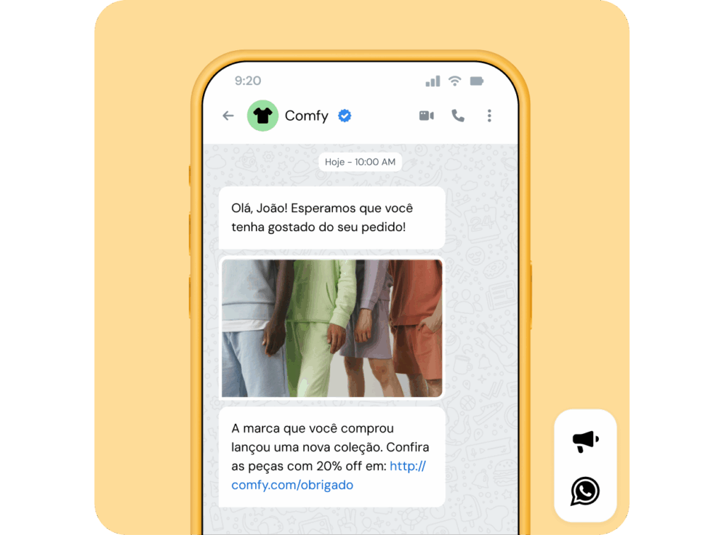 Chat do WhatsApp da Comfy para a Jordan oferecendo um cΓ³digo de desconto de 20% e mostrando a foto de uma nova linha de roupas