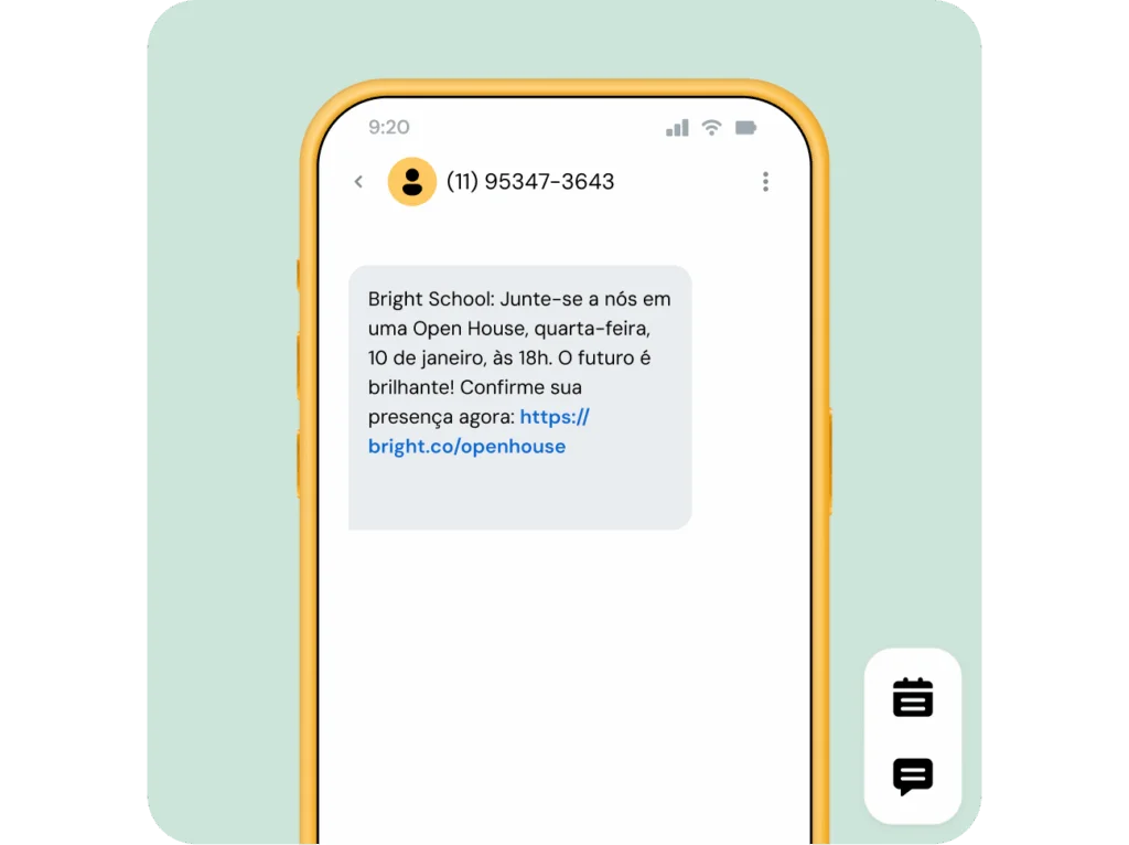 Mensagem de texto do The Bright School convidando os destinatários para um Open House em 10 de janeiro às 18h com um link de RSVP