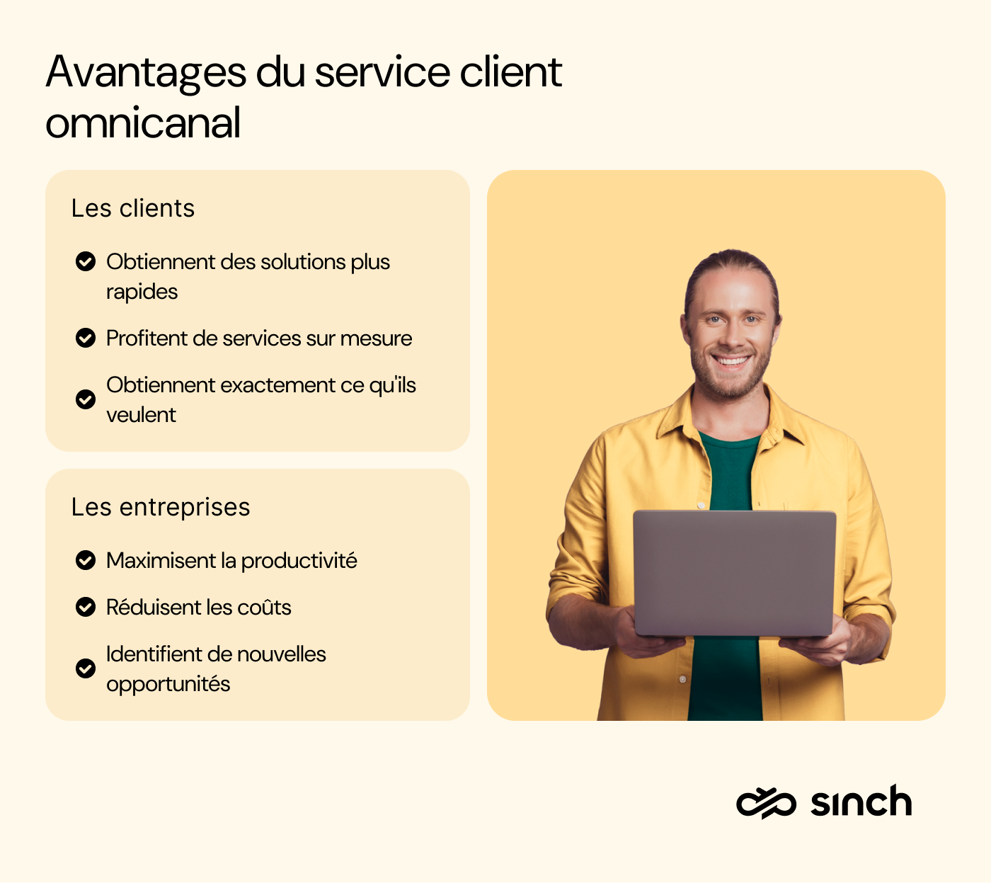Graphique montrant les avantages du service client omnicanal&nbsp;: fidélisation accrue, réduction des coûts, interactions plus rapides, amélioration de la productivité des agents, automatisation de l'IA, cohérence de la voix de la marque et différenciation centrée sur le client.