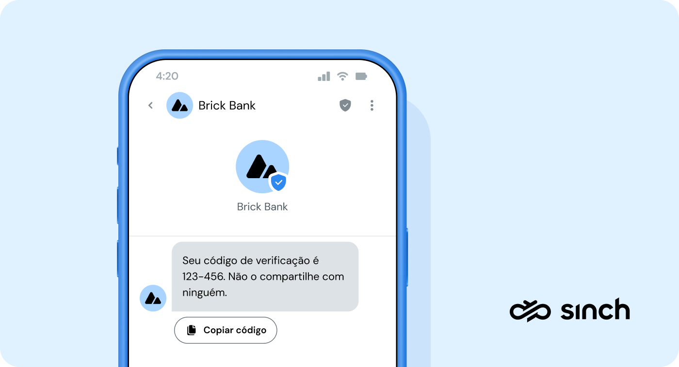 A imagem mostra um exemplo de uma senha OTP enviada como uma mensagem RCS com informações da empresa.