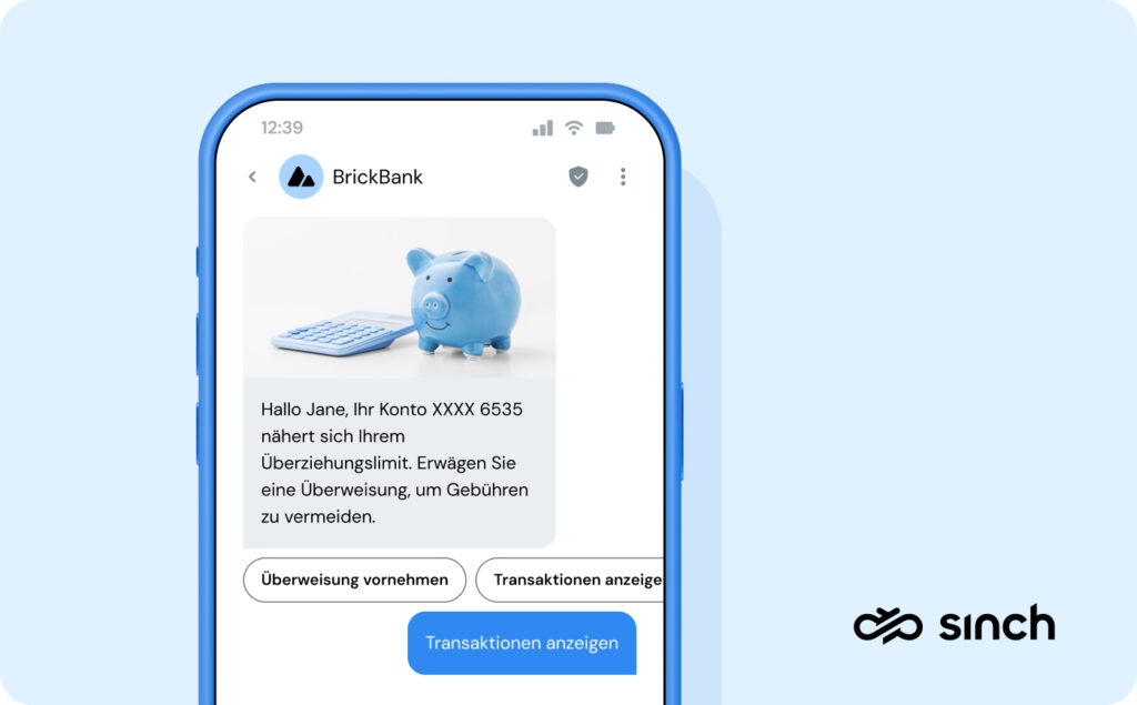 Die Abbildung zeigt ein Beispiel für eine Aktualisierung eines Bankkontos, die als RCS-Nachricht mit gebrandeten, verifizierten Hinweisen gesendet wird.