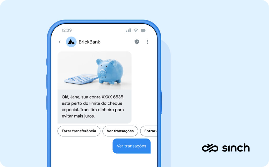 A imagem mostra um exemplo de uma atualização de conta bancária enviada como uma mensagem RCS com dicas verificadas e de marca.