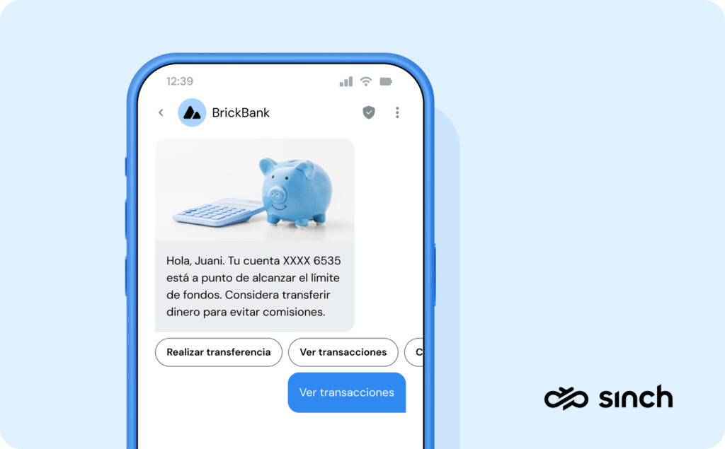 La imagen muestra un ejemplo de actualización de una cuenta bancaria enviada como mensaje RCS con señales de marca verificadas.