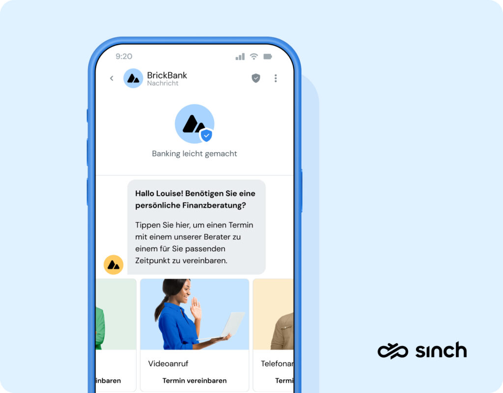 Die Abbildung zeigt, wie die Buchung eines Banktermins als RCS-Nachricht aussehen könnte.