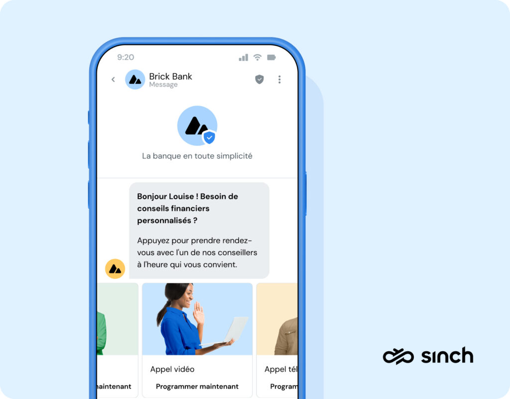 L'image montre ce que pourrait être une expérience de prise de rendez-vous bancaire sous forme de message RCS.