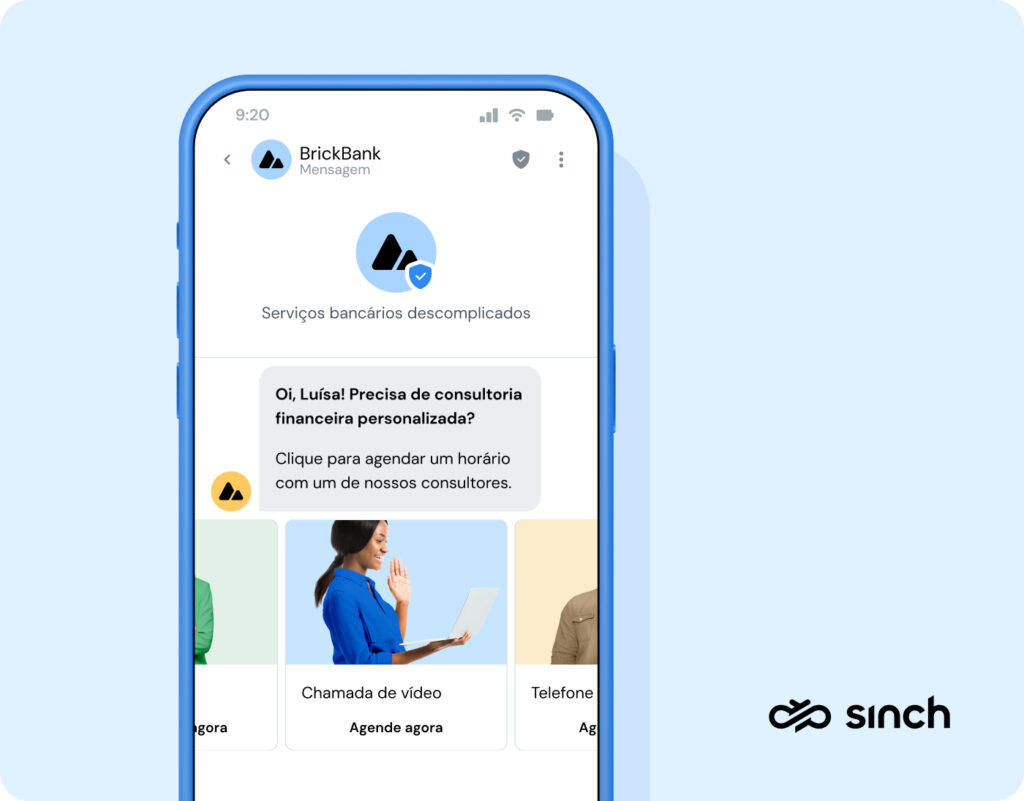 A imagem mostra como pode ser uma experiência de agendamento de consultas bancárias como uma mensagem RCS.