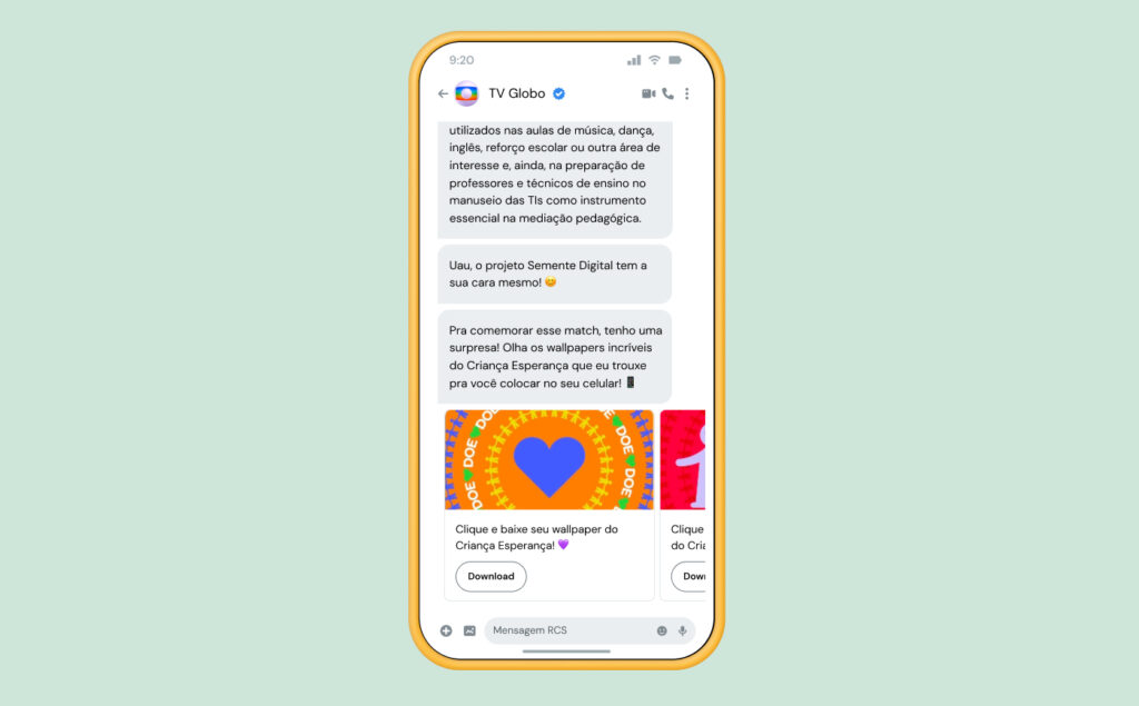 Captura de tela de um celular com exemplo de mensagens de RCS conversacional.