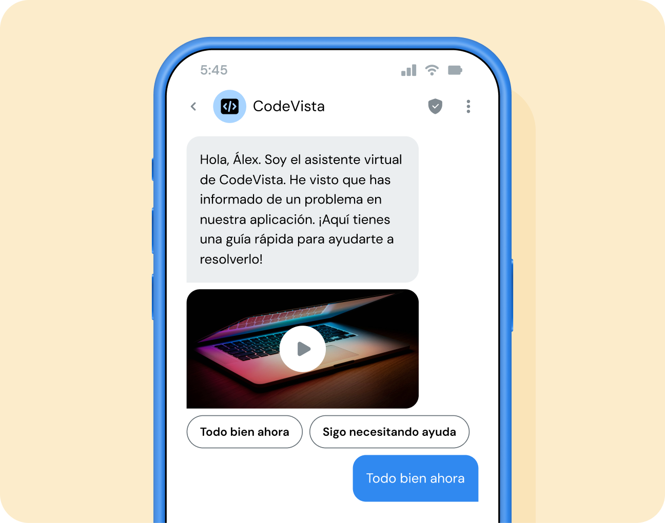 Mensaje RCS de marca, verificado e interactivo de una empresa tecnológica ficticia.