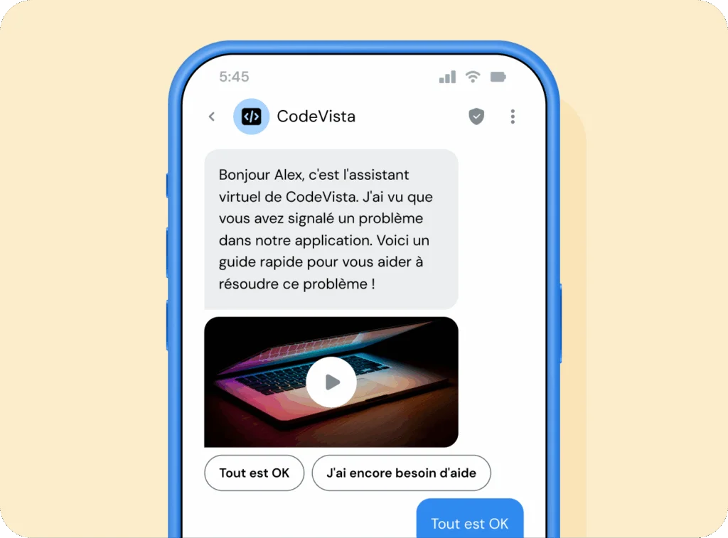 Message RCS de marque, vérifié et interactif d'une entreprise technologique fictive.