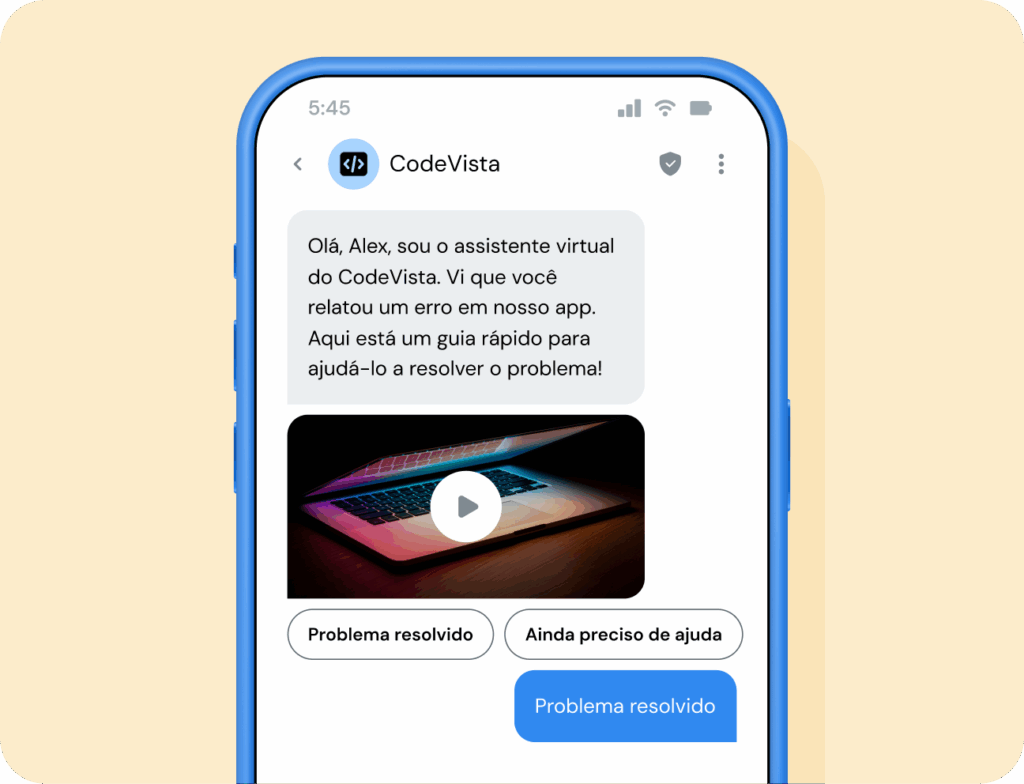 Mensagem RCS com marca, verificada e interativa de uma empresa de tecnologia fictícia.