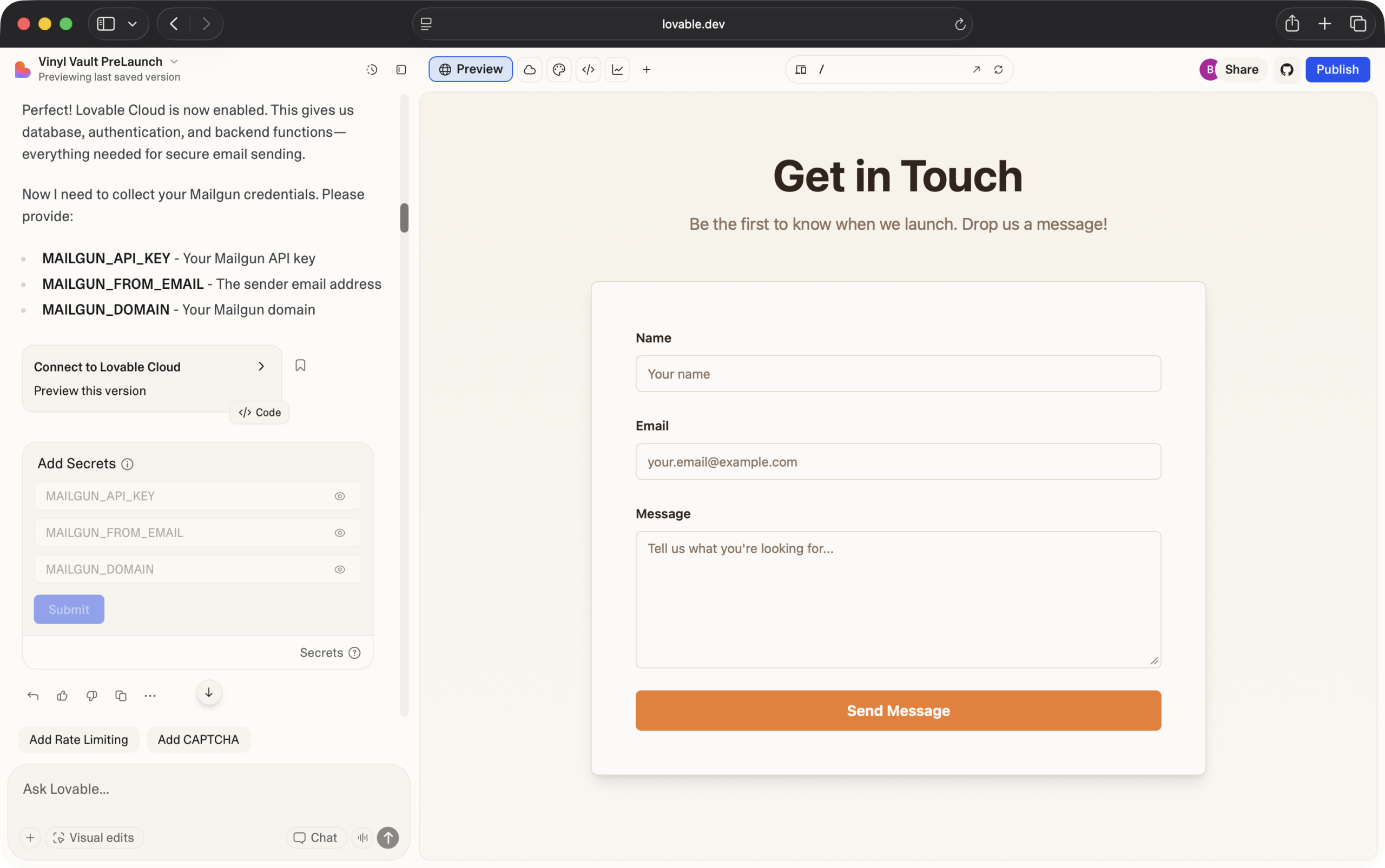 Lovable editor interface showing a prompt and form to add Mailgun secrets for a contact form