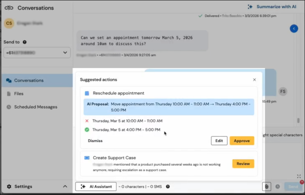 Sinch Engage Suggested Actions panel showing an AI-generated proposal to move an appointment from Thursday 10:00–11:00 AM to 4:00–5:00 PM, with the original time crossed out, the new time highlighted in green, and Edit and Approve buttons.