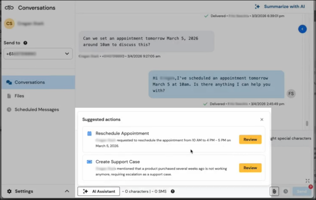 Sinch Engage conversation view with a Suggested Actions panel open, showing two AI-detected actions: a request to reschedule an appointment and a product issue flagged for a support case, each with a Review button.