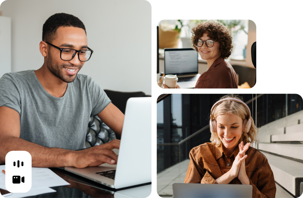 Three diverse people smiling while working on laptops and participating in video calls