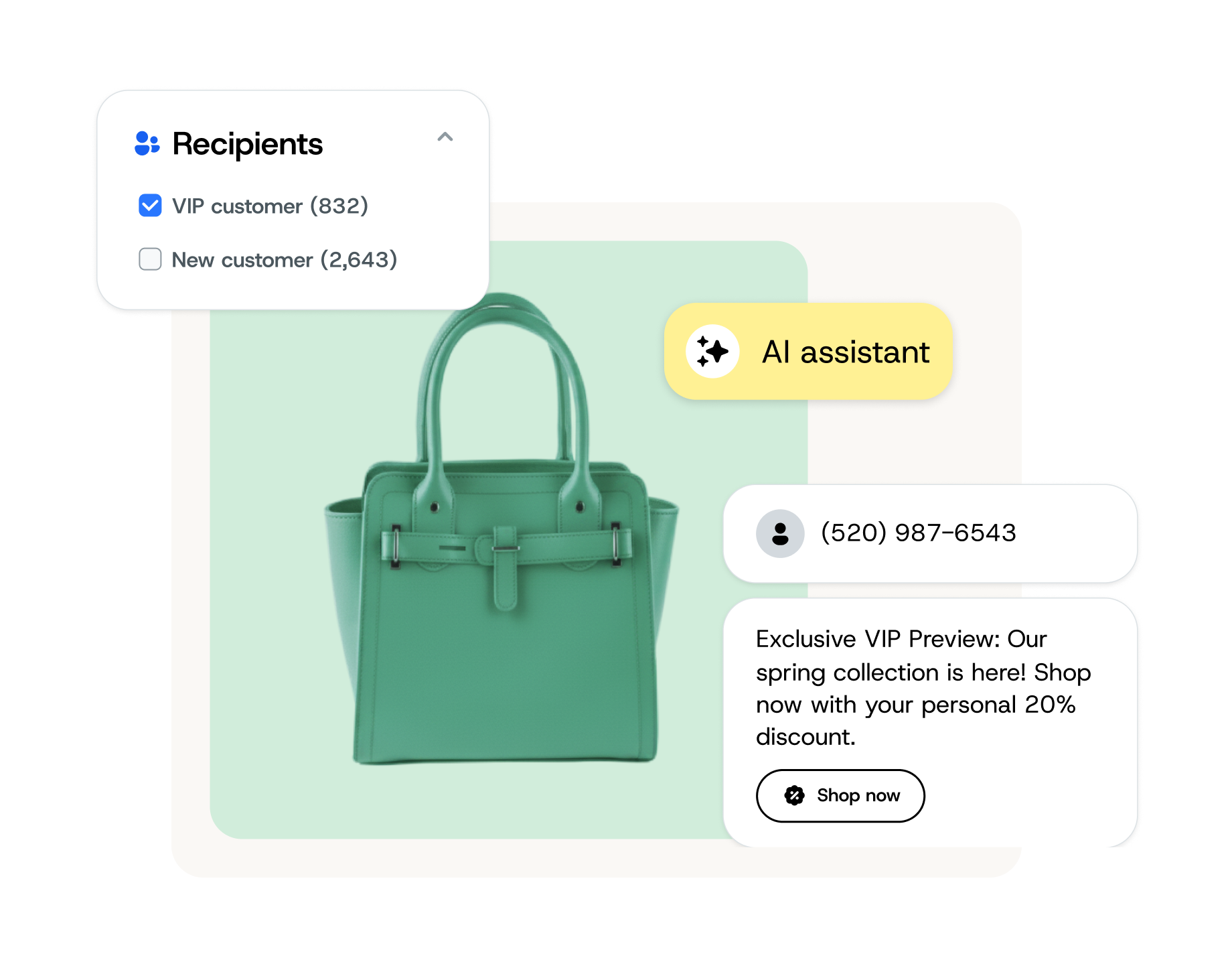 Rich MMS campaign builder sending a product image to a VIP customer segment.