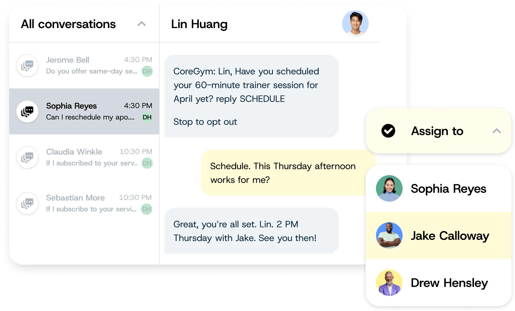 Two-way SMS team inbox assigning a customer conversation to a team member.