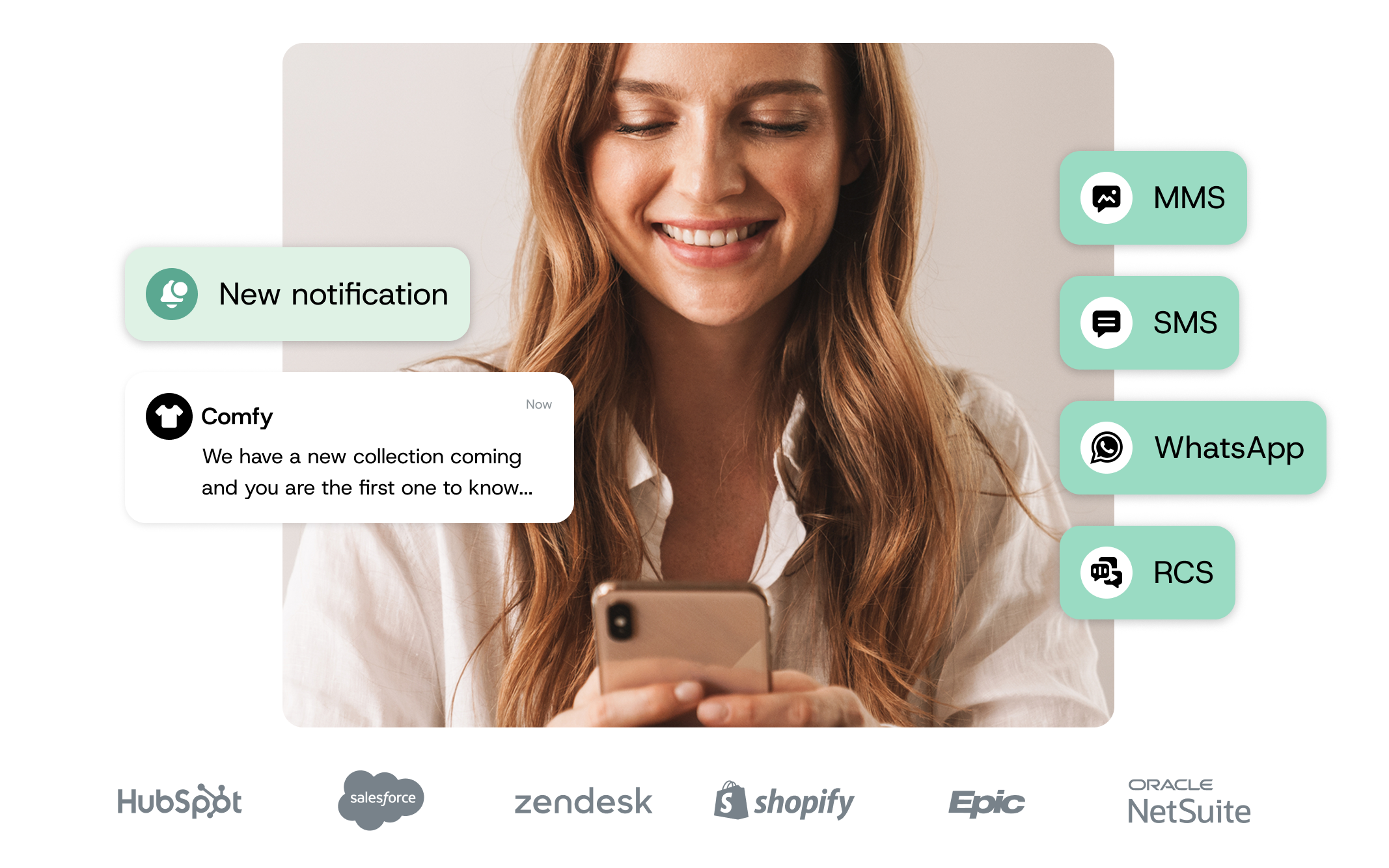 Woman reading a retail SMS notification on her phone across SMS, MMS, WhatsApp and RCS channels.