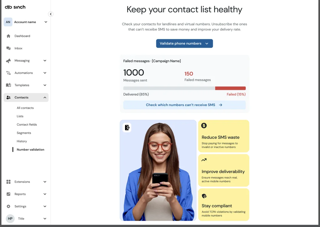 A number validation summary showing 72,140 messages sent with 10,790 failed to deliver over the last 30 days, above a button to find contacts to unsubscribe