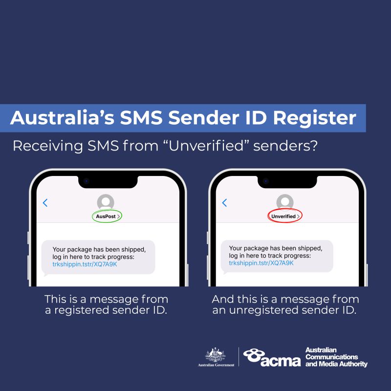 ACMA graphic comparing the same SMS shown from a registered "AusPost" sender ID marked in green and an "Unverified" unregistered sender marked in red.