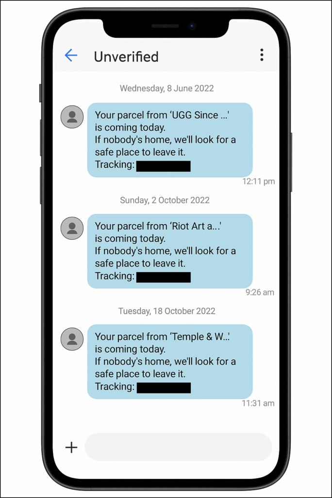 Three SMS messages from a single "Unverified" sender impersonating different brands, each with an identical fake parcel delivery notification.