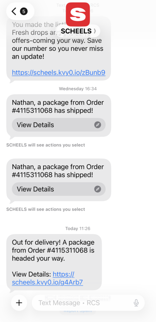 Example text messages from Scheels store showing order shipment texts.