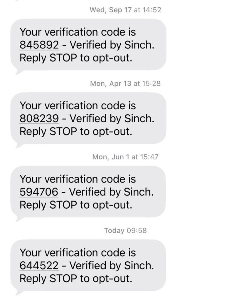 Screenshot example from Sinch Verification API of verification codes sent via SMS.