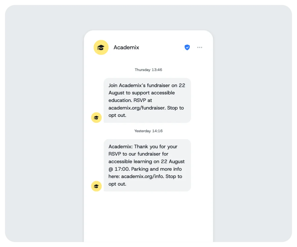 An example SMS conversation from Academix promoting an education fundraiser, followed by an event confirmation with the date, time, parking information, and opt-out instructions.