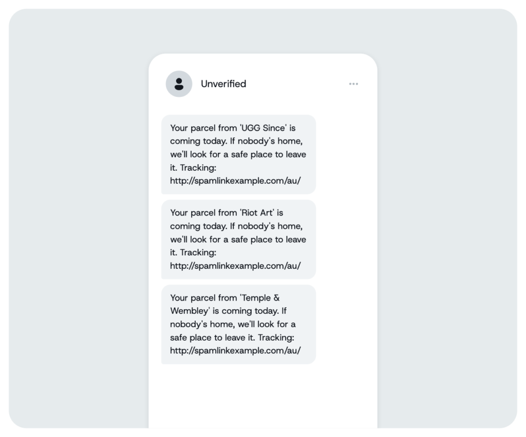 Three SMS messages from a single "Unverified" sender impersonating different brands, each with an identical fake parcel delivery notification.