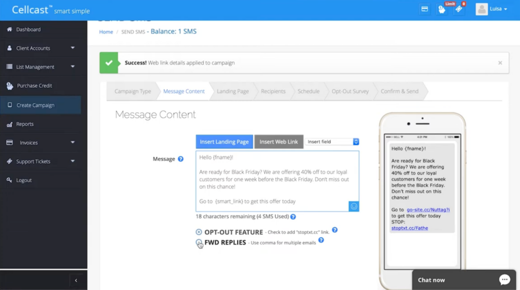 Cellcast campaign builder showing an SMS message with a personalized field, promotional web link, opt-out link, and mobile preview.