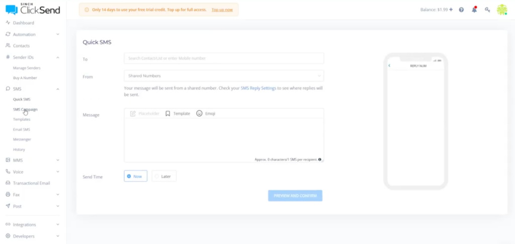 ClickSend dashboard showing the Quick SMS form for choosing recipients, selecting a sender number, writing a message, and scheduling delivery.
