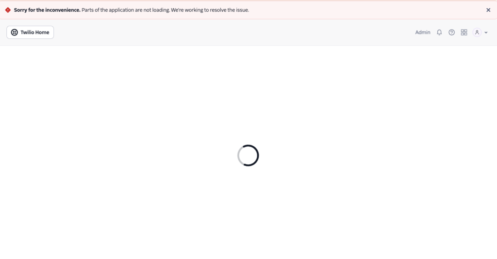 Twilio dashboard with a loading spinner and a red error banner stating parts of the application are not loading