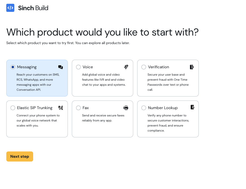 Sinch onboarding screen asking "Which product would you like to start with?" with Messaging selected
