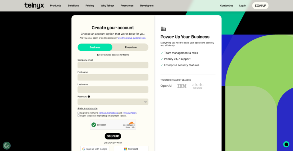 Telnyx signup screen showing the choice between Business and Freemium account options