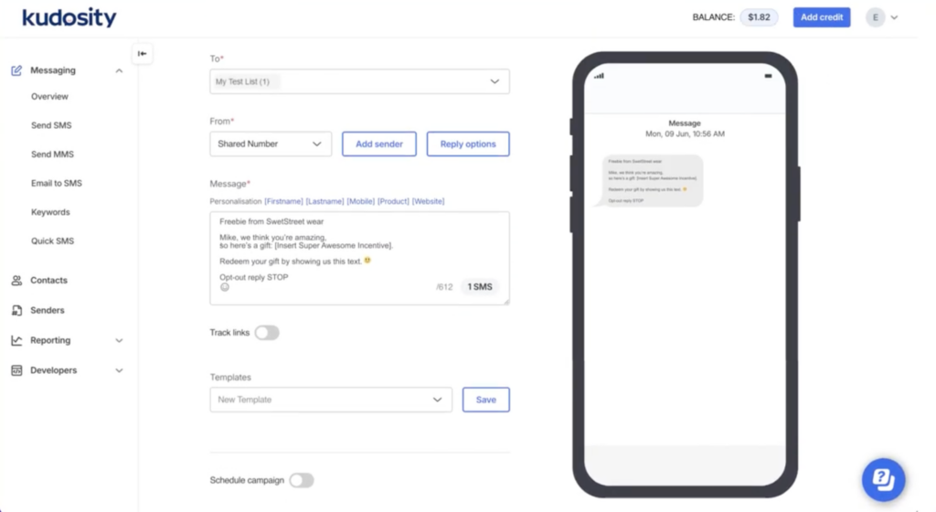 The Kudosity "Send SMS" screen composing a personalized promotional message from a shared number, with personalization tags, an opt-out line, and a live phone preview on the right.