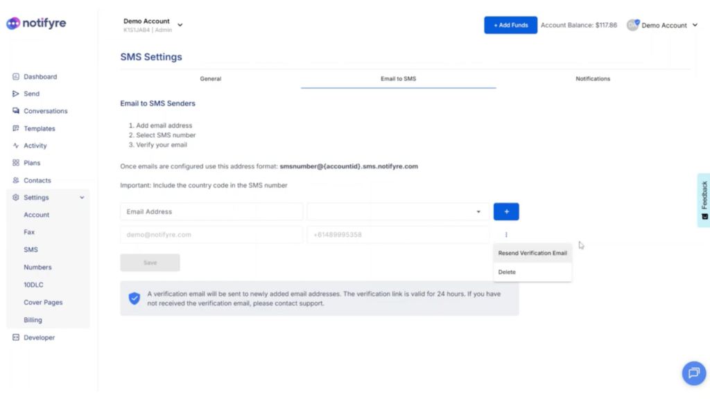 Notifyre SMS settings showing the Email to SMS setup for adding an email address, selecting an SMS number, and verifying the sender.