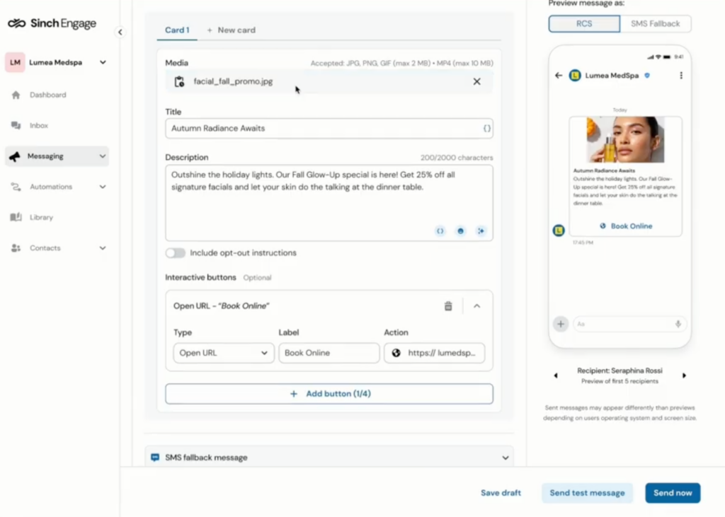 The Sinch Engage messaging screen building an RCS rich card with an uploaded image, title, description, and an "Open URL" interactive button, alongside a live phone preview showing the branded card with a Book Online button and an RCS/SMS Fallback toggle.